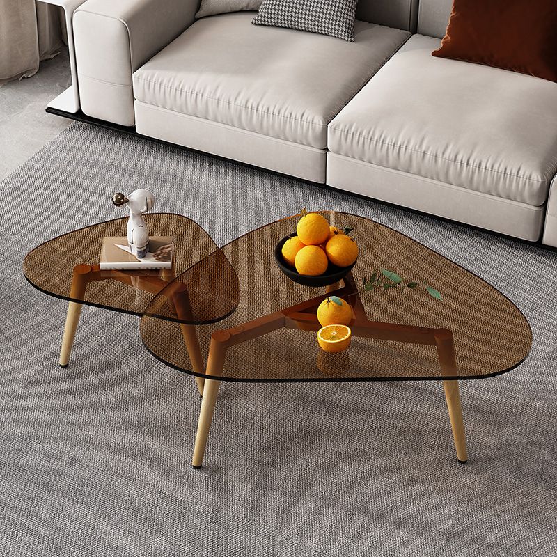 Wood and Glass 3 Legs Coffee Table Modern Triangle Clear Table