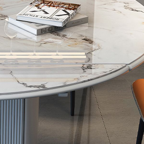 Table à manger extensible moderne, plateau rond en pierre blanche avec rangement