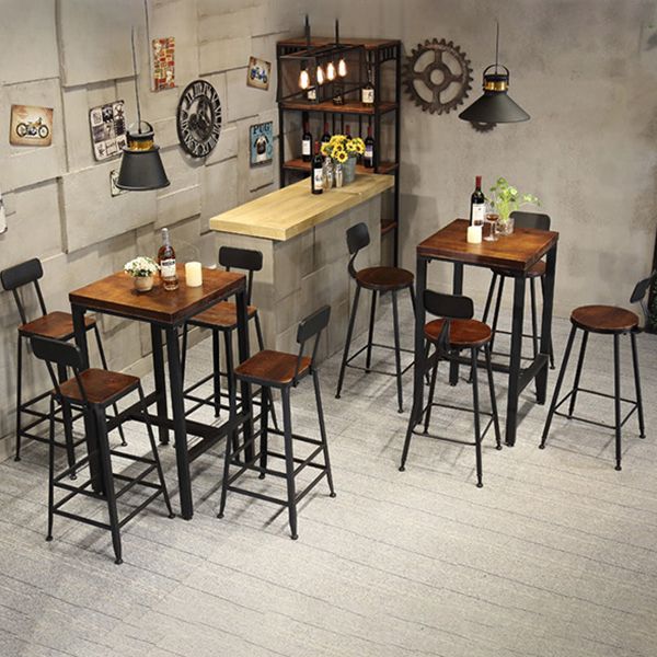 Industrial Square Solid Wood Bar Table Set 1/2/3/5 Pieces Counter Table with High Stools