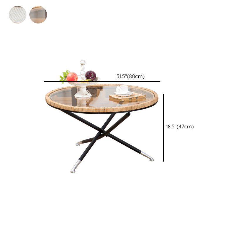 Cross Legs Round Glass Coffee Cocktail Table with Rattan Accent Clearhalo 'Coffee & Accent Tables' 'Coffee Tables' 'coffee_tables' 'furn' 'furn_coffee_tables' 'Furniture' 'Living Room Furniture' 1200x1200_8f69fb77-e21c-4462-b57a-24736e86bf51