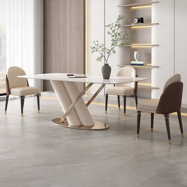 Modern Style Sintered Stone Dining Table with White Fixed Table and Trestle Base Clearhalo 'Dining Room Sets' 'Dining Tables & Seating' 'dining_room_set' 'furn' 'furn_dining_room_set' 'Furniture' 'furniture_dining_room_set' 'Kitchen & Dining Furniture' 'kitchen&dining_furn' 'kitchen' 1200x1200_8f7b73d7-85d6-4645-be03-2b10e57a5b41