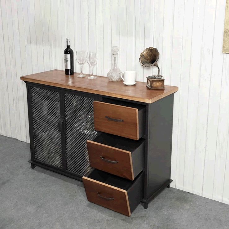 Industrial Iron 2 - Door Accent Cabinet Distressed Wood Chest with 3 Drawers