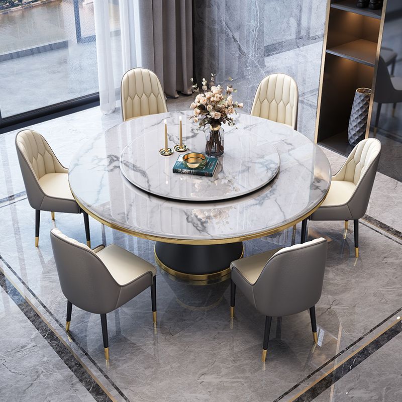 Contemporary Style Home Dining Table Single Pedestal Base Round Shape Table with Turntable Clearhalo ' dining_table' 'Dining Tables & Seating' 'Dining Tables' 'furn' 'furn_dining_table' 'Furniture' 'furniture_dining_table' 'Kitchen & Dining Furniture' 'kitchen&dining_furn' 'kitchen' 'kitchen_dining_table' 1200x1200_8f9fbe18-6664-47dc-86c9-b7e648183a25