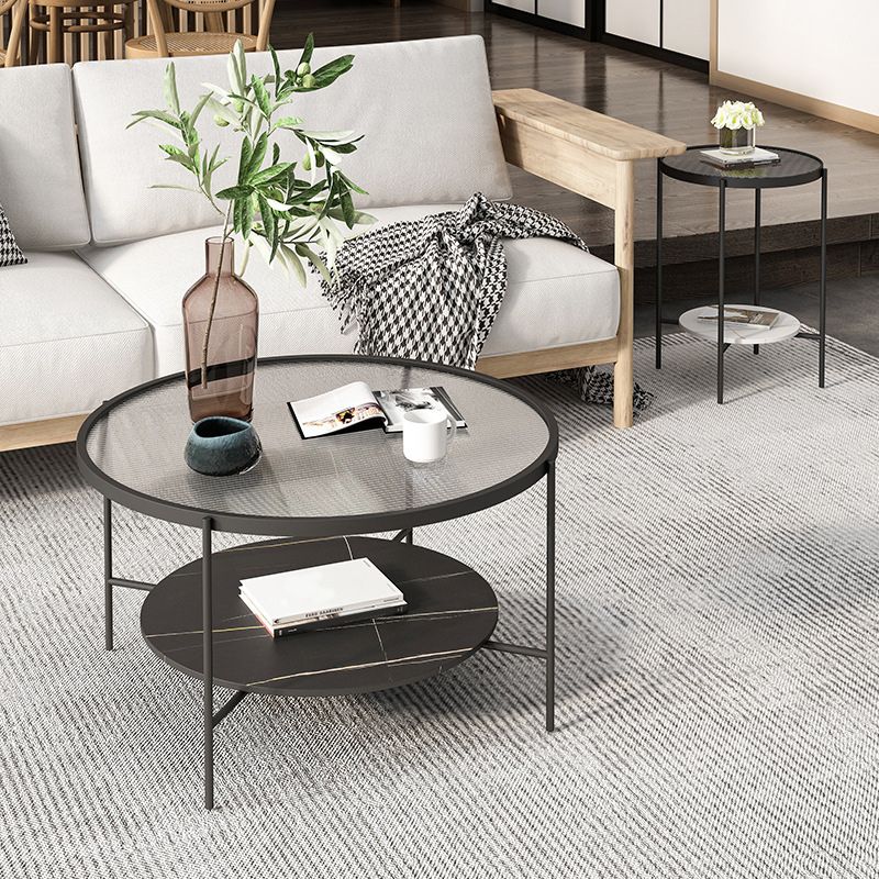 Modern Style Round Glass Table Plate Metal 4 Legs Base with Storage Rack Coffee Table Clearhalo 'Coffee & Accent Tables' 'Coffee Tables' 'coffee_tables' 'furn' 'furn_coffee_tables' 'Furniture' 'Living Room Furniture' 1200x1200_8fa07727-3ab2-4b41-aaf8-383d6222a8f0