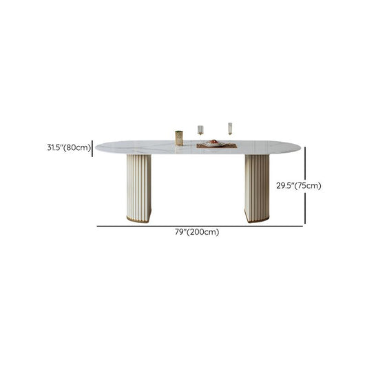 Mesa de comedor de piedra sinterizada de lujo Mesa blanca ovalada con doble pedestal
