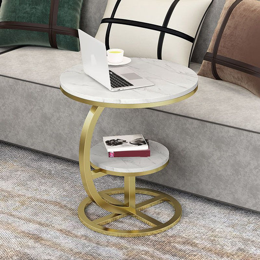 Round Slate Top Side Table 21.65" Tall Metal Abstract End Table with Shelf