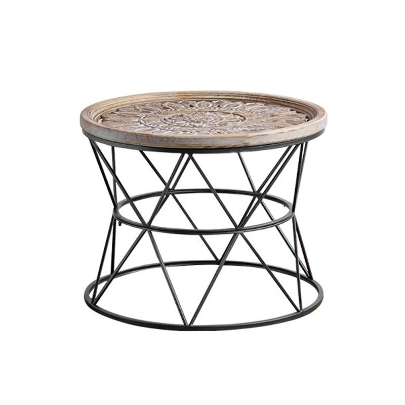 Tavolo laterale superiore del vassoio rotondo in legno rustico e snack di estremità laterale in metallo