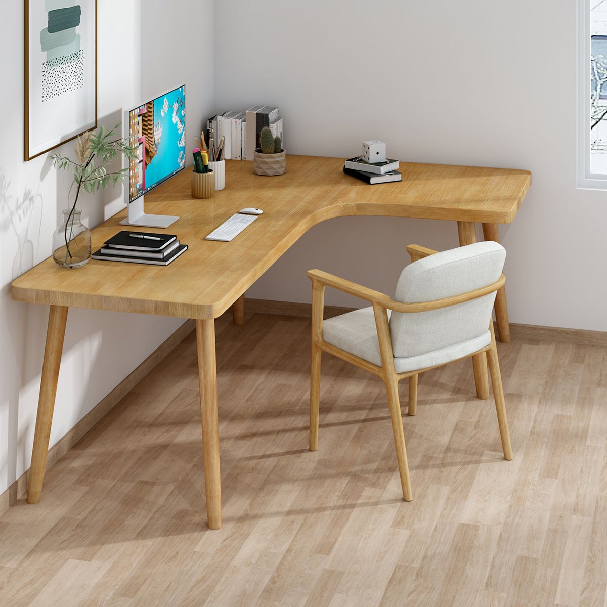 Table d'écriture en L de style moderne Bureau de travail en bois massif en bois massif