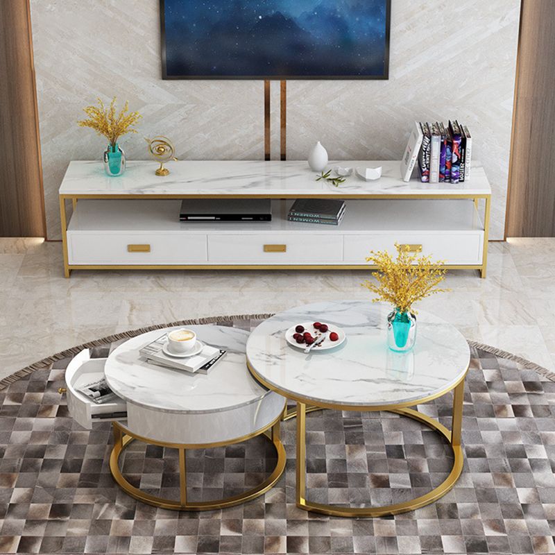 Meuble TV moderne avec 3 tiroirs, console multimédia de rangement ouverte