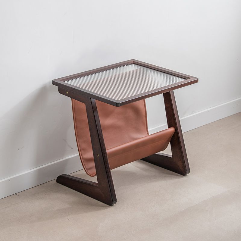 Mesa lateral de vidrio rectángulo moderno Mesa de base abstracta de madera con soporte de revista
