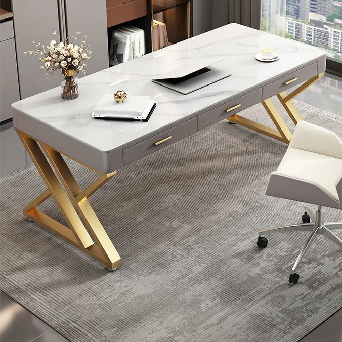 White Glam Writing Desk Rectangular Office Desk with Drawers Clearhalo 'furn' 'furn_office_desk' 'Furniture' 'Office Desks' 'Office Furniture' 'office_desk' 1200x1200_90640e13-add1-44b4-a20e-91fbbfe0763c