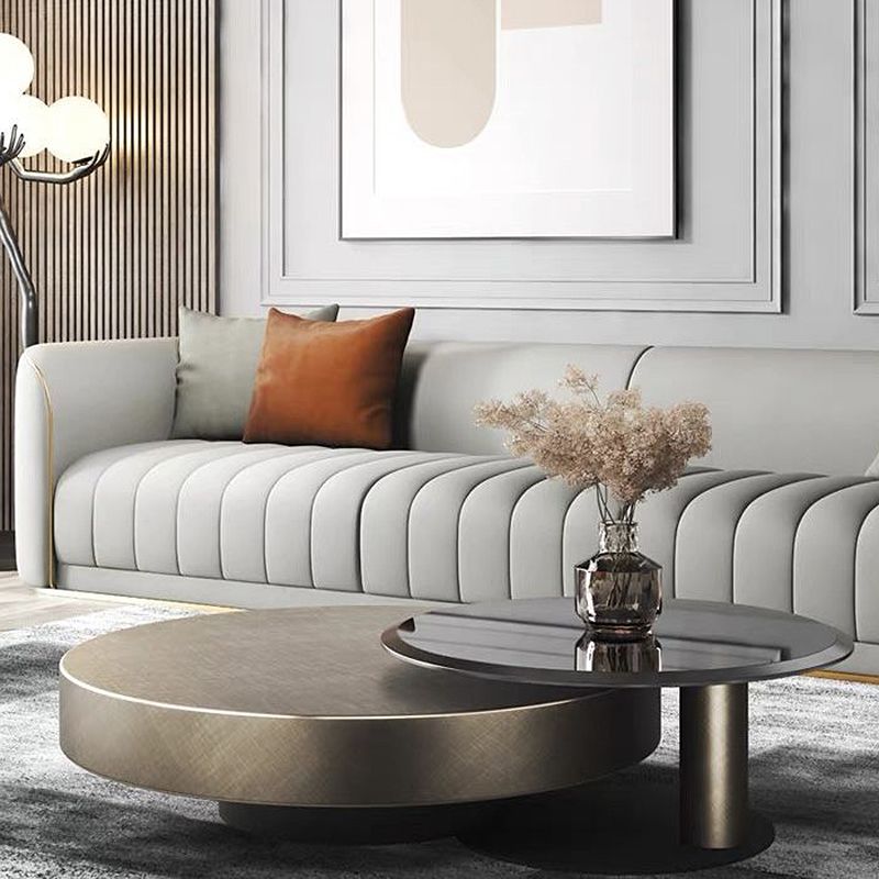 Block Base Design Cocktail Table Gold Metal Top Black Base Round Coffee Table Clearhalo 'Coffee & Accent Tables' 'Coffee Tables' 'coffee_tables' 'furn' 'furn_coffee_tables' 'Furniture' 'furniture_coffee_tables' 'Living Room Furniture' 1200x1200_908addf0-01a2-4f64-892d-01ac605d73ab