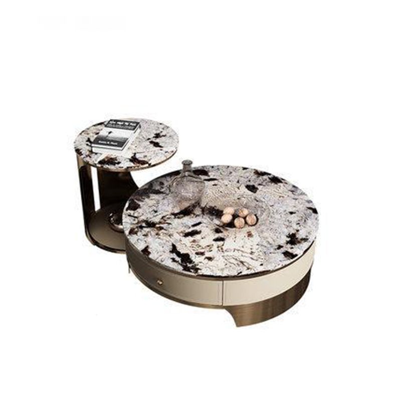 Drum Base Design Marble White/black White Top Metal Base Round Coffee Table Clearhalo 'Coffee & Accent Tables' 'Coffee Tables' 'coffee_tables' 'furn' 'furn_coffee_tables' 'Furniture' 'Living Room Furniture' 1200x1200_90a3be09-c254-4d32-9eeb-ca4b62a68b6f