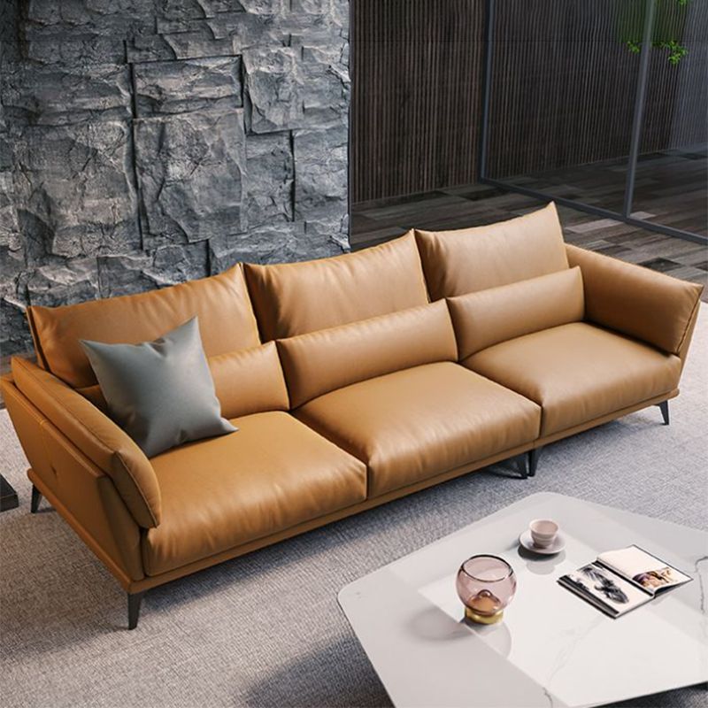Square Arm Genuine Leather Sofa and Chaise Brown Sectional with Bolster Pillows Clearhalo 'furn' 'furn_sectionals' 'Furniture' 'furniture_sectionals' 'kitchen' 'kitchen_sectionals' 'Living Room Furniture' 'Sectionals' 1200x1200_90b36d59-1c2c-4ddd-95b9-e9ac9f1e8bf6