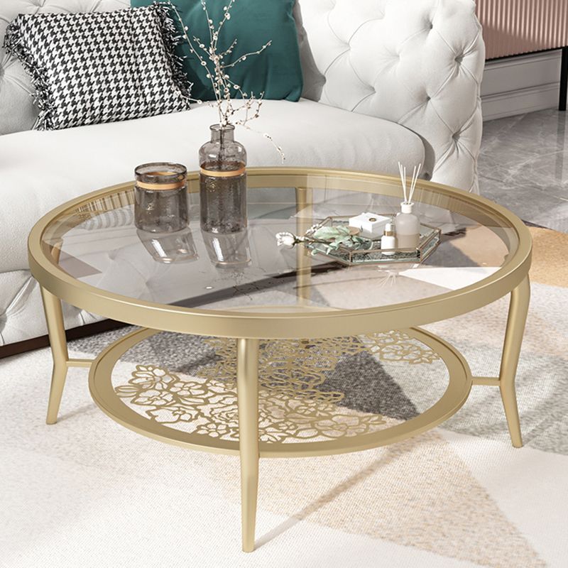 23.6"/17.7"H Modern 4 Legs Steel Base Glass Round Coffee Table with Shelf Clearhalo 'Coffee & Accent Tables' 'Coffee Tables' 'coffee_tables' 'furn' 'furn_coffee_tables' 'Furniture' 'furniture_coffee_tables' 'Living Room Furniture' 1200x1200_90bc6344-e5bd-4040-a57b-f14c1ecb41bf
