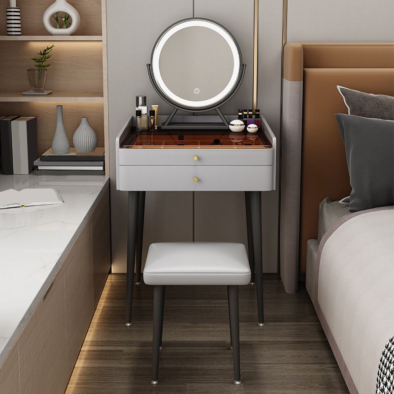 2 Storage Drawers Vanity Set Glass Top Jewelry Dressing Table with Padded Stool
