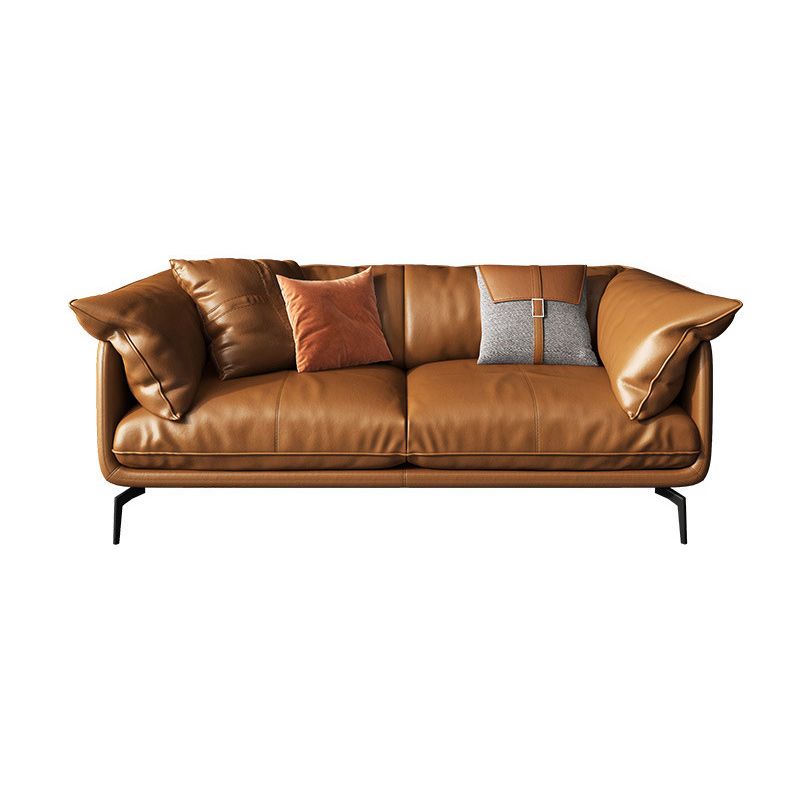 Modern Pillow Back Sofa Orange Genuine Leather Tuxedo Arm Sofa