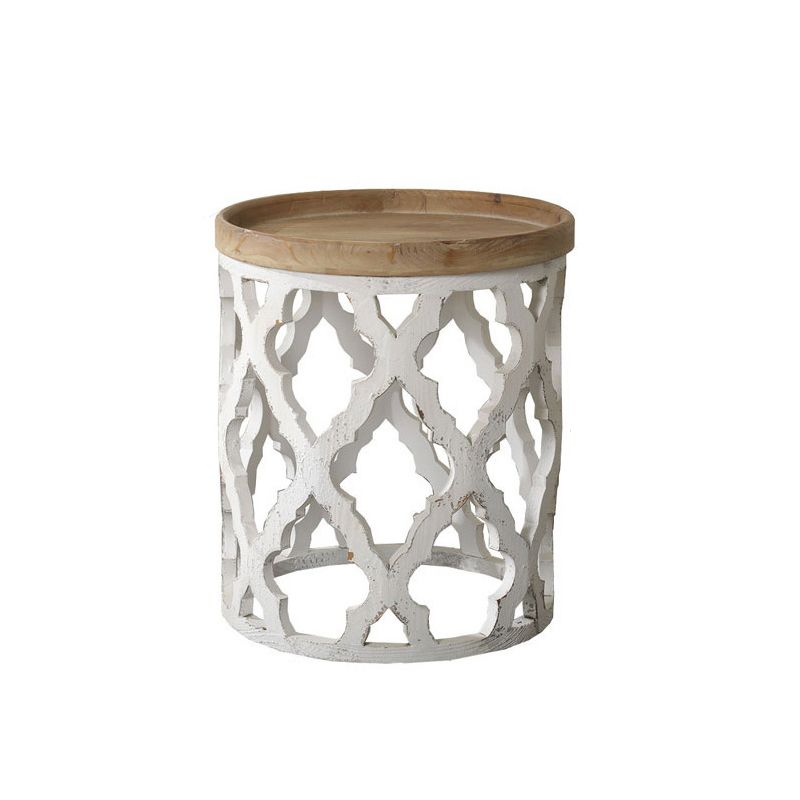 Wood Round Top Side Table Metal Base End Table - Distressed Surface Treatment