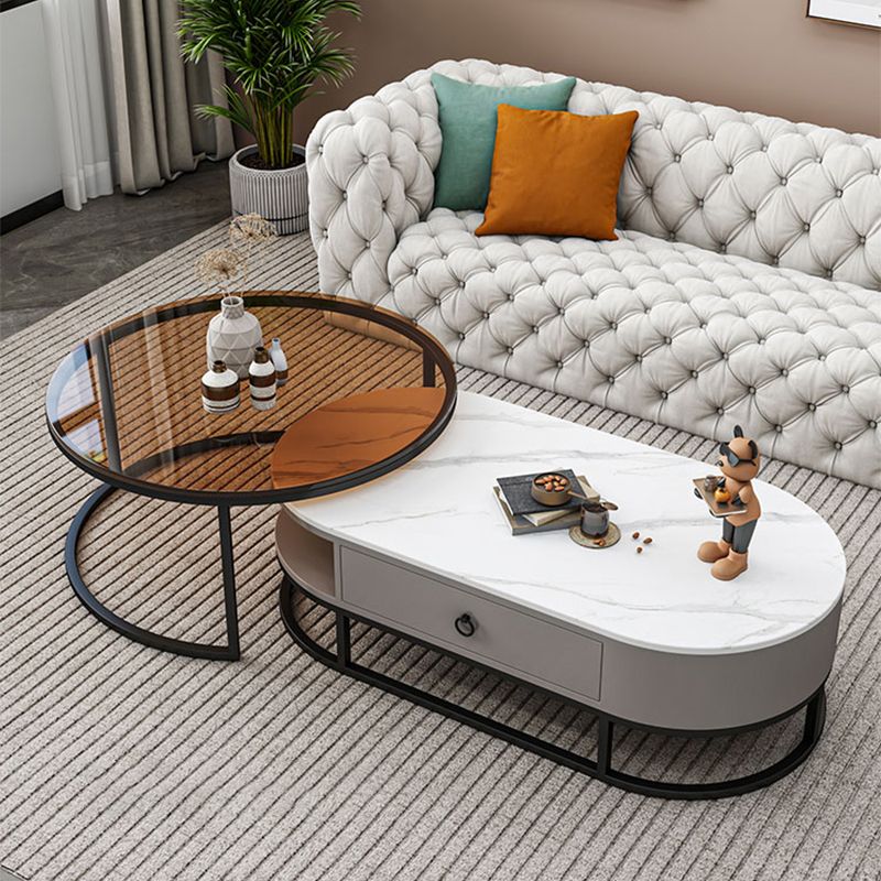 Oval Glass & Slate Coffee Table Set Frame Cocktail Table with Drawers Clearhalo 'Coffee & Accent Tables' 'Coffee Tables' 'coffee_tables' 'furn' 'furn_coffee_tables' 'Furniture' 'Living Room Furniture' 1200x1200_915195d5-6192-457b-b59d-cc57b646e8b3