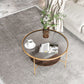 17.7" H Round Glass Top Coffee Table Steel 4 Legs Cocktail Table with Shelf Clearhalo 'Coffee & Accent Tables' 'Coffee Tables' 'coffee_tables' 'furn' 'furn_coffee_tables' 'Furniture' 'Living Room Furniture' 1200x1200_915e65e6-b622-4e2f-a1aa-a1da2e69420e