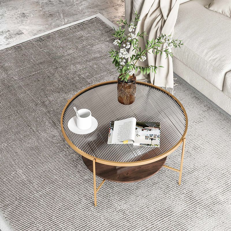 17.7" H Round Glass Top Coffee Table Steel 4 Legs Cocktail Table with Shelf Clearhalo 'Coffee & Accent Tables' 'Coffee Tables' 'coffee_tables' 'furn' 'furn_coffee_tables' 'Furniture' 'Living Room Furniture' 1200x1200_915e65e6-b622-4e2f-a1aa-a1da2e69420e