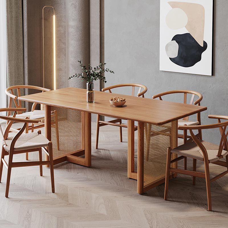 Modern Dining Table Solid Wood Top Dining Table with Double Rattan Base for Living Room Clearhalo 'Dining Tables & Seating' 'Dining Tables' 'dining_table' 'furn' 'furn_dining_table' 'Furniture' 'furniture_dining_table' 'Kitchen & Dining Furniture' 1200x1200_9167ee44-6b22-4230-9618-af090d1bf945