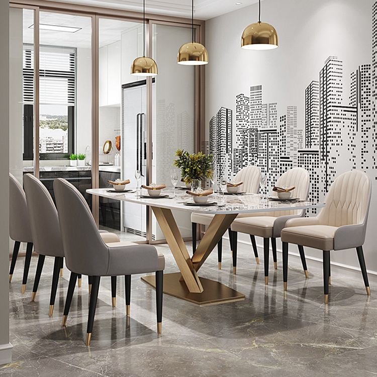 Moderne witte rechthoekige stenen eettafel met metalen voetstuk