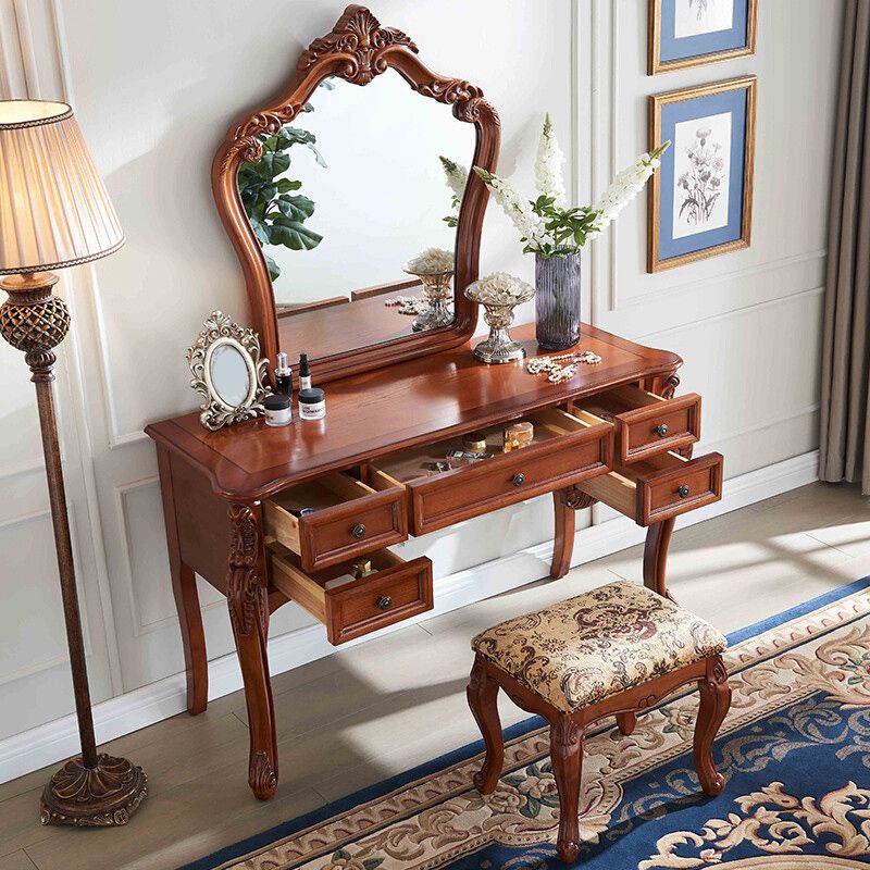 Vanità del tavolo da trucco marrone in legno massiccio con cassetti e specchio