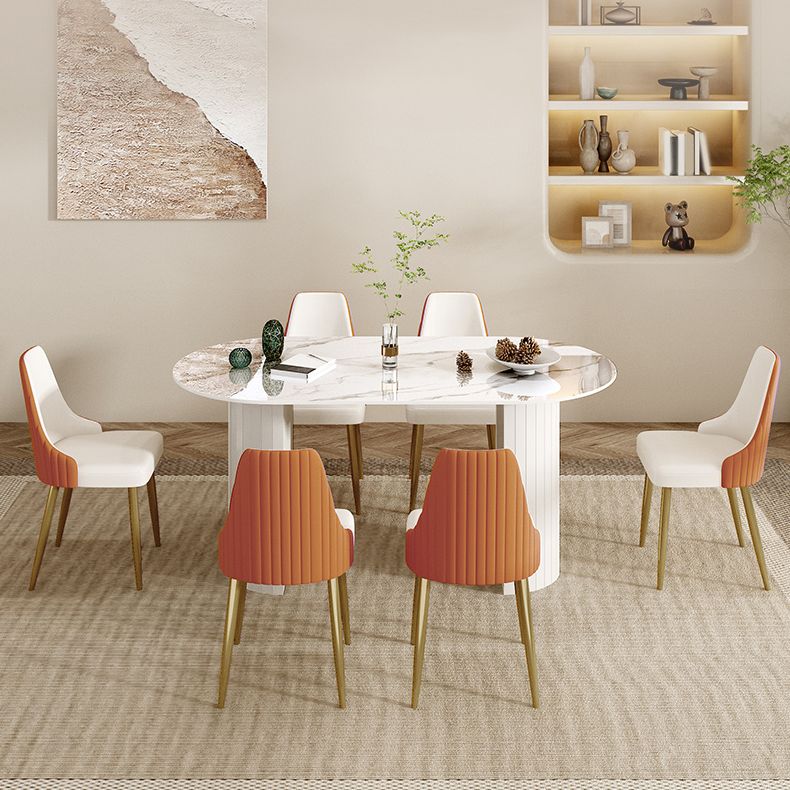 Mesa de comedor ovalada moderna, mesa de comedor de piedra con pedestal doble de hierro