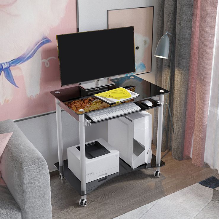 Rechthoekig gehard glazen computerbureau met caster wielen en toetsenbordvak