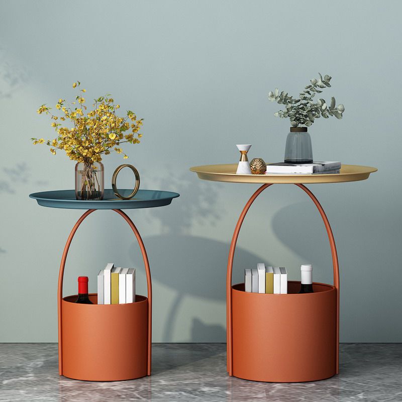 ミッドセンチュリーラウンドトレイトップサイドテーブル保管付きの鉄の台座エンドテーブル