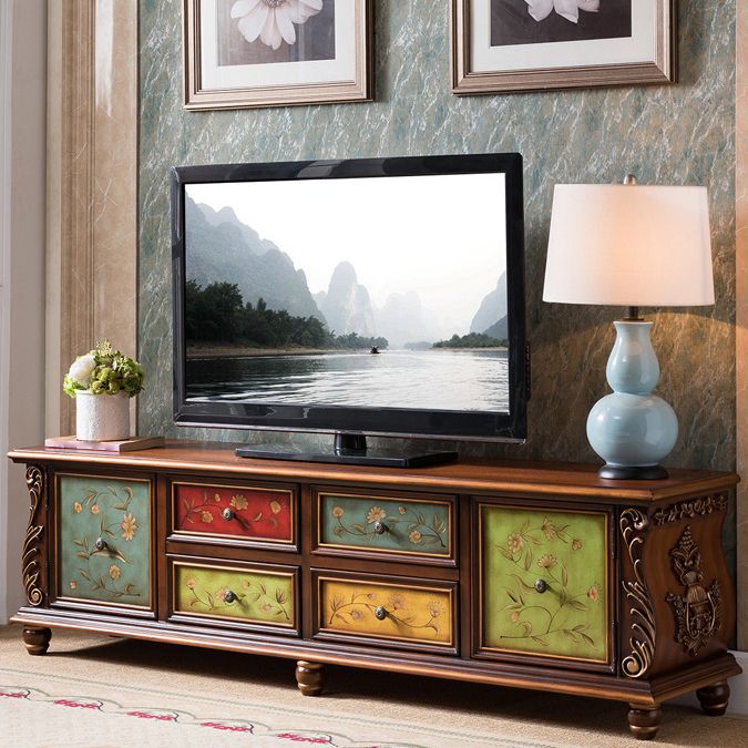 Console multimediale tradizionale in legno di gomma, supporto TV con finitura opaca e cassetti