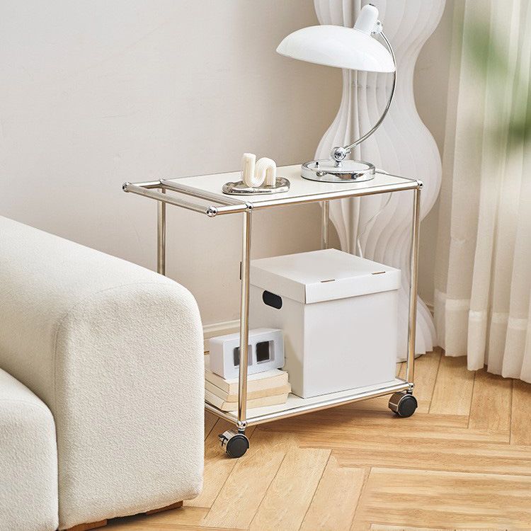 Medieval Modern Style Rectangular Metal Side Table with Wheel Base Design