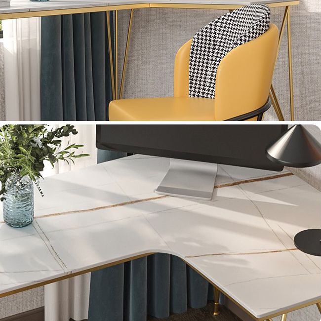 L-Shape Modern Style Office Desk Marble and Metal Writing Desk in White and Gold Clearhalo 'furn' 'furn_office_desk' 'Furniture' 'Office Desks' 'Office Furniture' 'office_desk' 1200x1200_921c6958-cc8d-4d4f-8592-bb59e1760c51