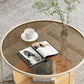 Table basse ronde en verre de 17,7 po de hauteur, table de cocktail à 3 pieds en fer avec étagère