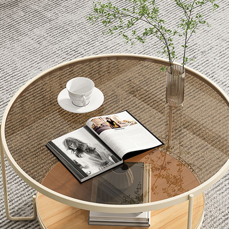 Table basse ronde en verre de 17,7 po de hauteur, table de cocktail à 3 pieds en fer avec étagère