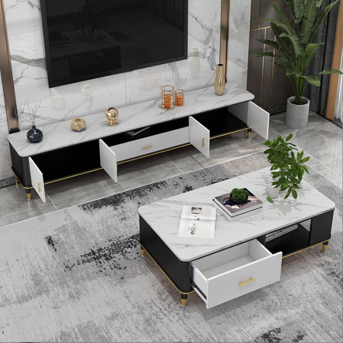 Witte stenen top tv-kast luxueuze 1-open plank tv-standconsole met kasten