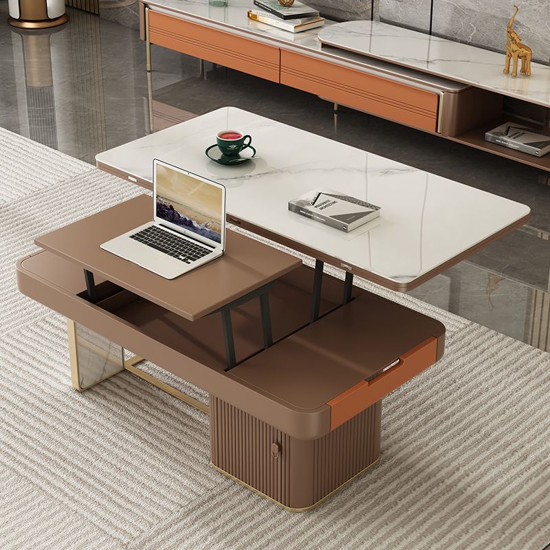 Rectangular Slate Top Coffee Table Abstract Base Cocktail Table with Storage