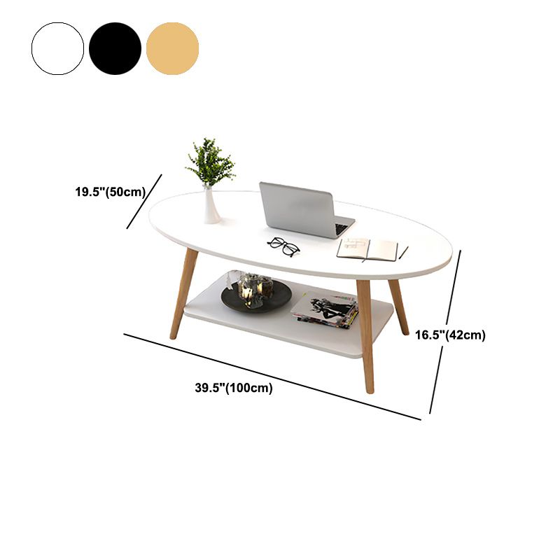 Tavolo da caffè in legno massiccio ovale moderno con scaffale di stoccaggio e 4 gambe