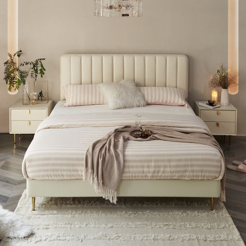 Glam Beige Bed Frame Upholstered Headboard Standard Bed Rectangular