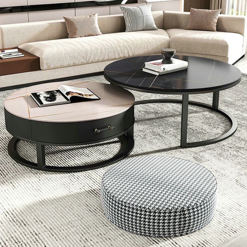 Round Slate Top Coffee Table Set Frame Cocktail Table with Storage Drawers Clearhalo 'Coffee & Accent Tables' 'Coffee Tables' 'coffee_tables' 'furn' 'furn_coffee_tables' 'Furniture' 'Living Room Furniture' 1200x1200_930ee8f7-3a51-4d1f-bc13-16b94ae542dd