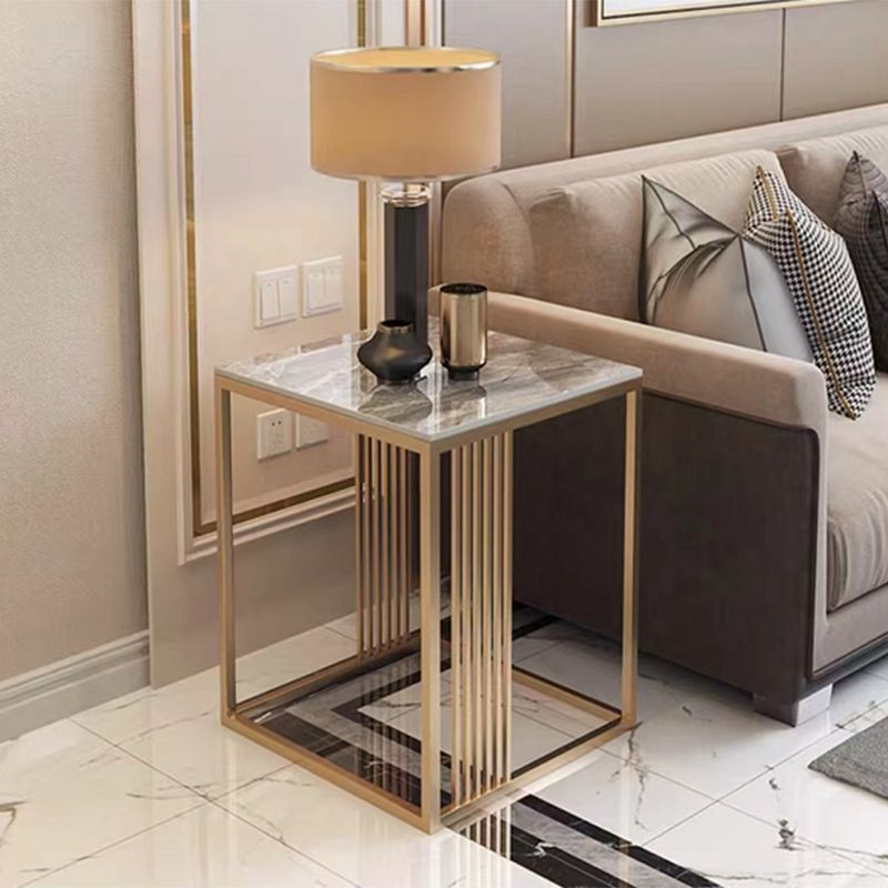 Golden Frame End Table 19.69" Tall Square Stone Sofa Side Accent Table