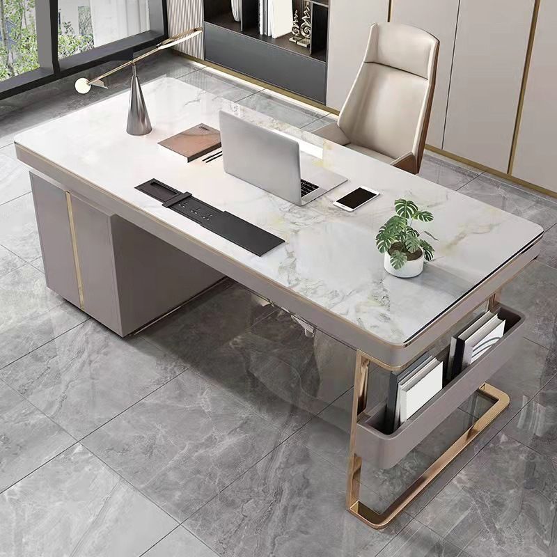 Rectangular Shaped Office Laptop Table Reversible Grey Writing Desk with 2 Drawers Clearhalo 'furn' 'furn_office_desk' 'Furniture' 'Office Desks' 'Office Furniture' 'office_desk' 1200x1200_93654bc7-6280-488e-8cc7-932a432cec7a