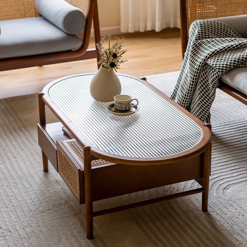 Modern Oval Glass Top Coffee Table with Shelf and 4 Drawers Cocktail Table Clearhalo 'Coffee & Accent Tables' 'Coffee Tables' 'coffee_tables' 'furn' 'furn_coffee_tables' 'Furniture' 'Living Room Furniture' 1200x1200_939517e5-b5e0-4ef8-925f-01ef2191c95c