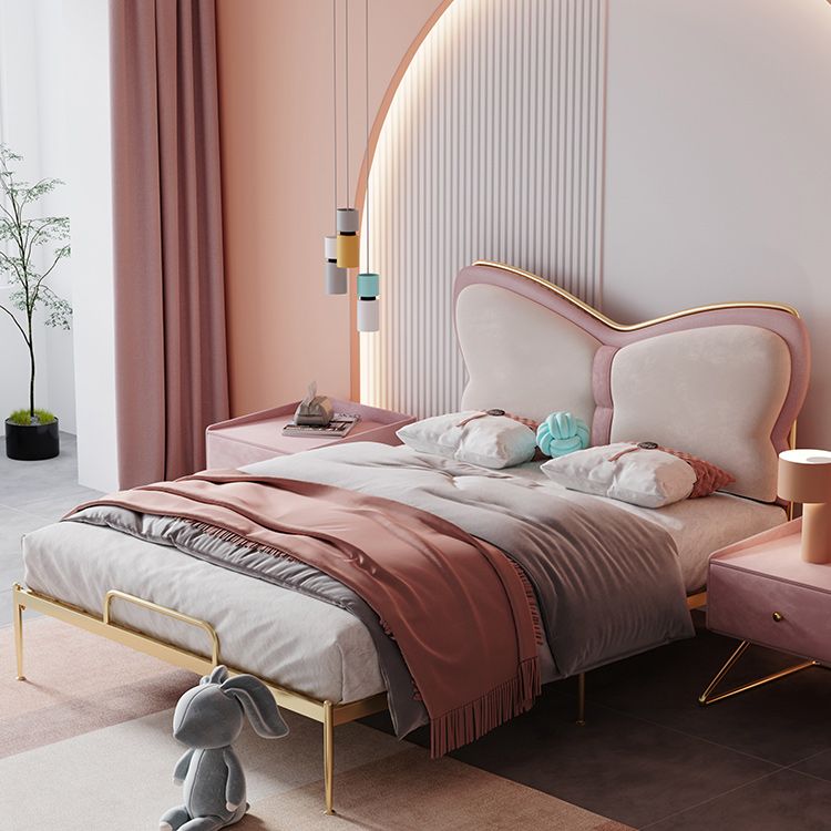 Low Profile Standard Bed Gold Metal Bed Frame with Upholstered Headboard Clearhalo 'Bedroom Furniture' 'Beds' 'furn' 'furn_beds' 'Furniture' 1200x1200_93b9f394-29ab-430b-a561-306fba79644f