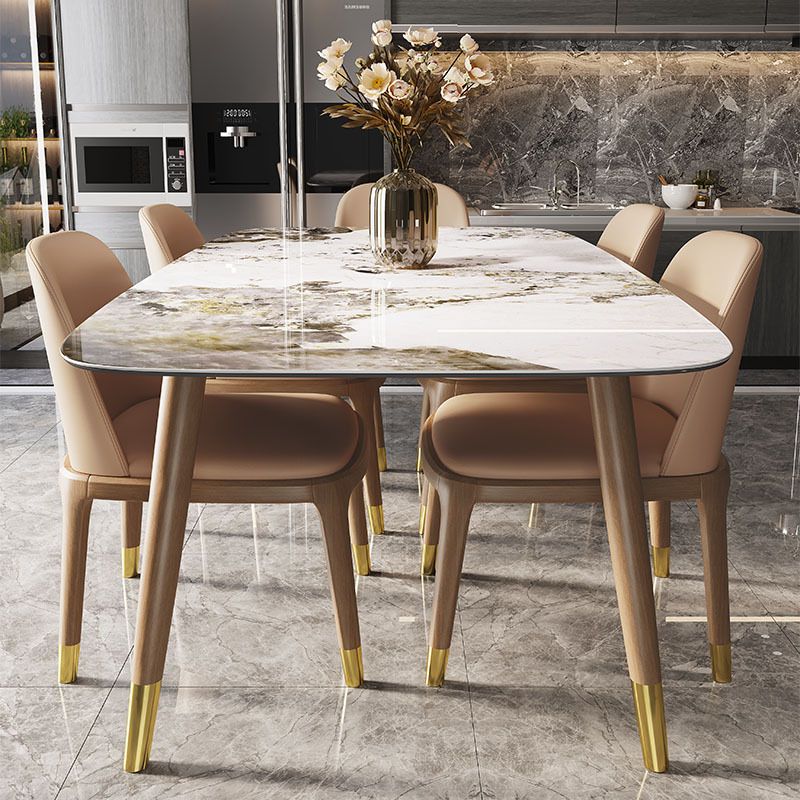 Gray Stone Top Dining Table Mid-Century Modern Dining Table with 4 Wood Legs Clearhalo 'Dining Tables & Seating' 'Dining Tables' 'dining_table' 'furn' 'furn_dining_table' 'Furniture' 'Kitchen & Dining Furniture' 1200x1200_93c6e359-a54f-4ee8-a079-09d4c8ec0081