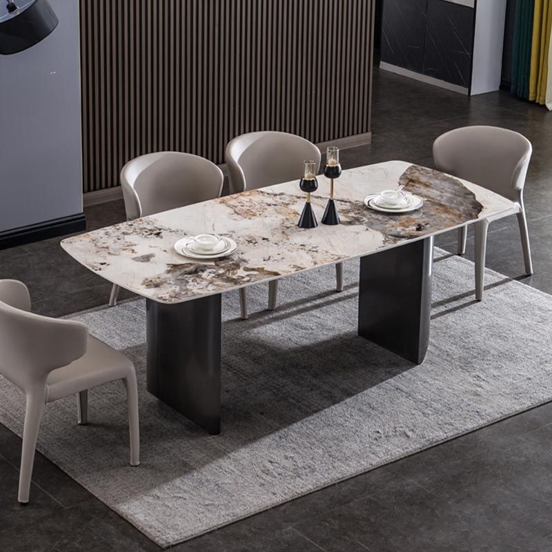 Modern Black Base Dinner Room Kitchen Table Rectangle Stone Dinette Table