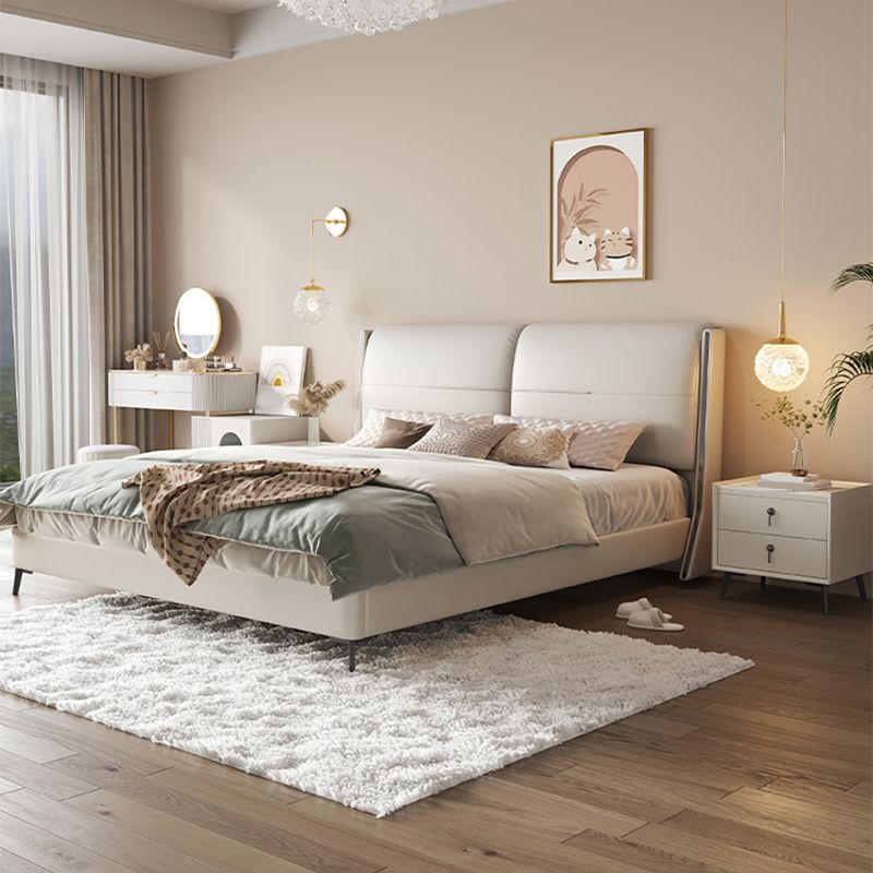 Letto moderno a pannello in legno beige vera pelle di pelle standard con testiera imbottita