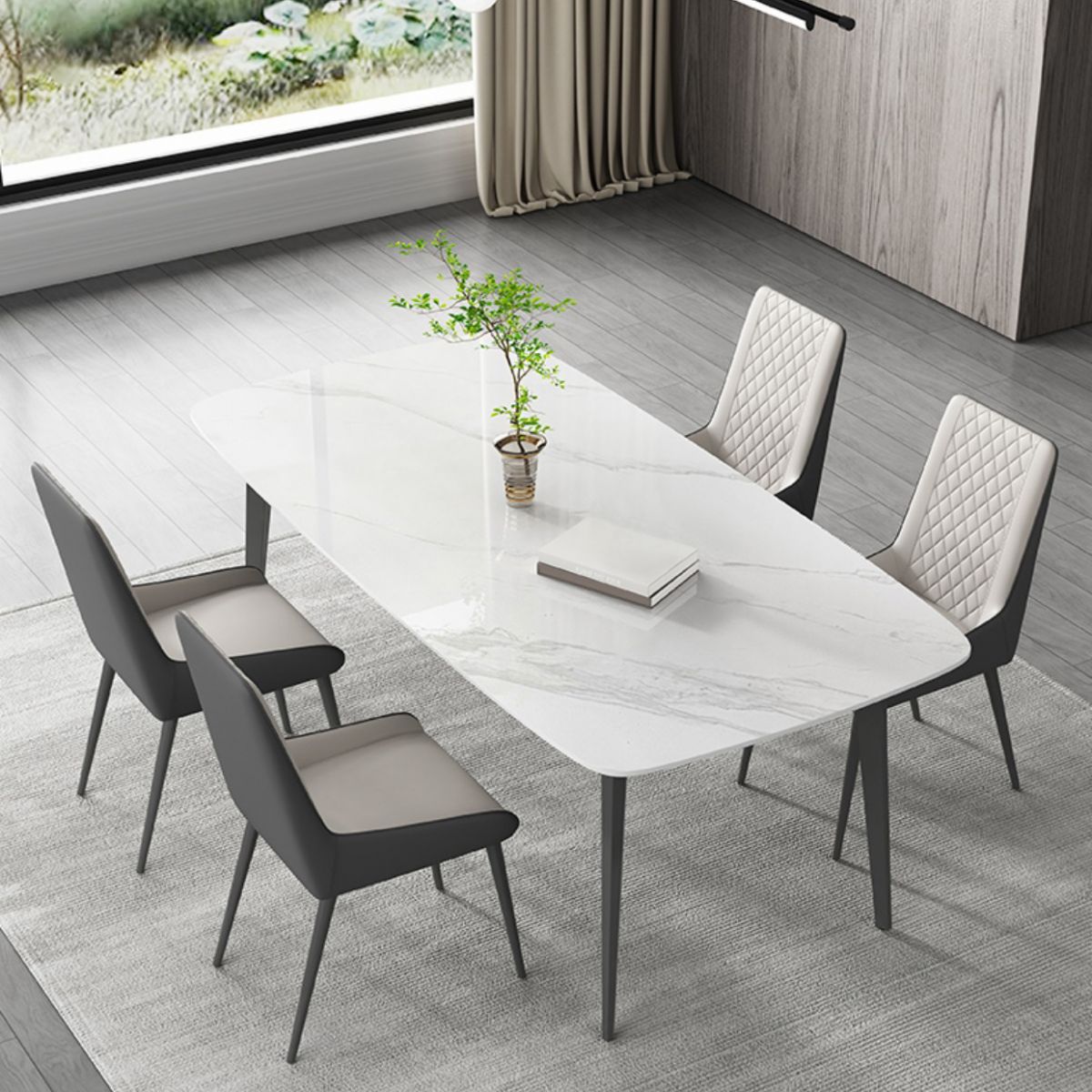 Contemporary White Rectangular Stone Dining Table with 4 Steel Foot Clearhalo 'Dining Tables & Seating' 'Dining Tables' 'dining_table' 'furn' 'furn_dining_table' 'Furniture' 'Kitchen & Dining Furniture' 1200x1200_93ff0b02-a3e0-46fd-ac02-3dc35f59d43c