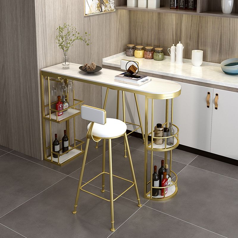 Glam White Stone Bar Dining Table Iron Double Pedestal Bistro Table with Shelf Clearhalo 'Bar Furniture' 'Bar Tables' 'bar_tables' 'furn' 'furn_bar_tables' 'Furniture' 'furniture_bar_tables' 'Kitchen & Dining Furniture' 'kitchen&dining_furn' 'kitchen' 1200x1200_94035a86-2502-46fb-8750-29200f073e0a